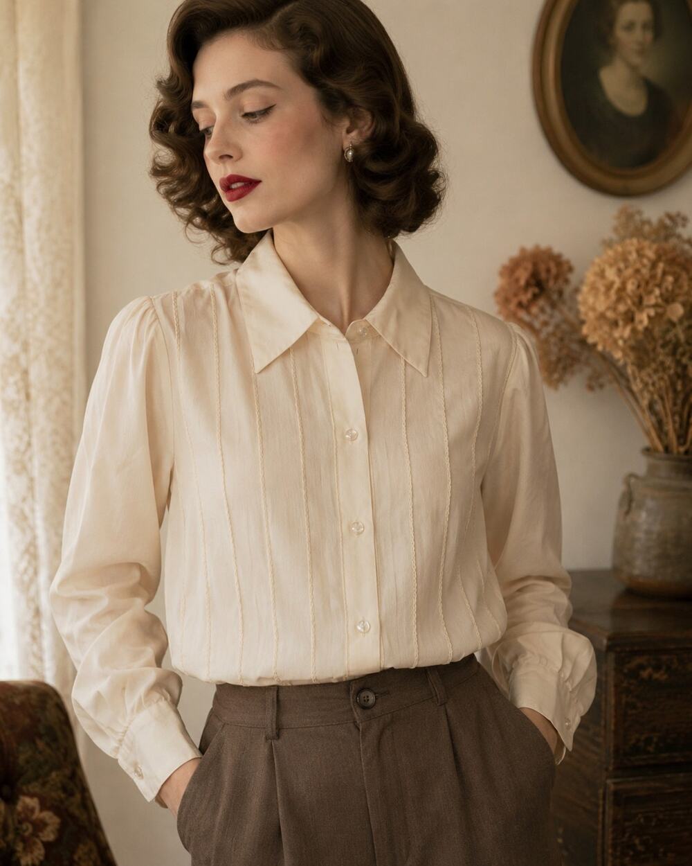 Vtg 60s Lee-Mar Pageant Ivory Blouse Pearl Buttons Pintuck Style Sz L Retro